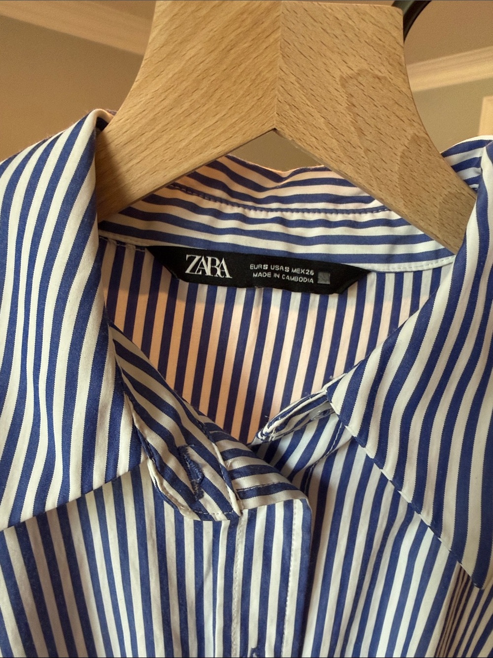 Zara women's Navy & White Vertical Stripe Dress Shirt - Picture 2 of 4
